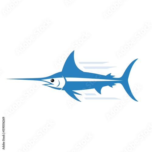 Blue marlin fish illustration swimming horizontally on a white background.