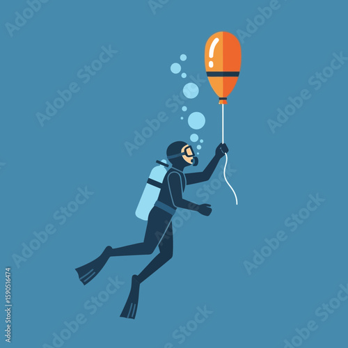 Scuba diver underwater holds orange buoy with bubbles in blue water.