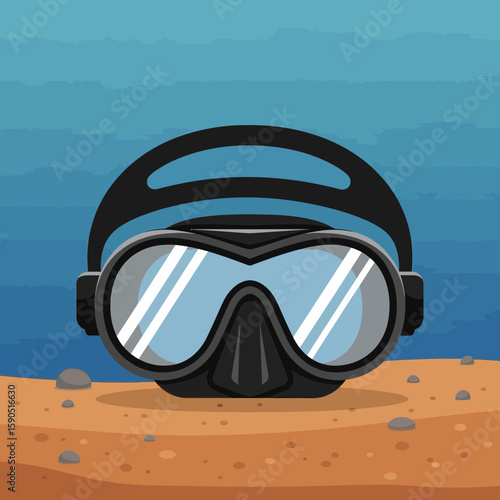 Cartoon scuba mask underwater on sandy bottom with blue water background.