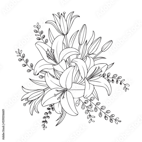 An elegant black and white sketch of a cluster of blooming lilies and unopened buds, adorned with delicate foliage, presented on a plain white background