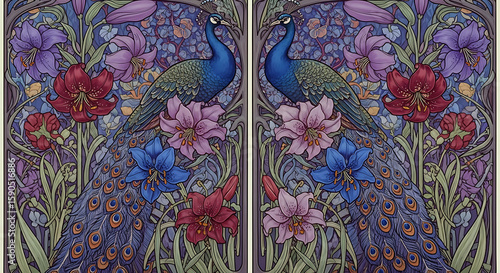 Majestic peacocks amid vibrant floral arrangements evoke a sense of elegance and beauty, capturing a classic art nouveau design with decorative birds.