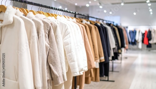 Assortment of womenswear apparel hanging at showroom on display rack.