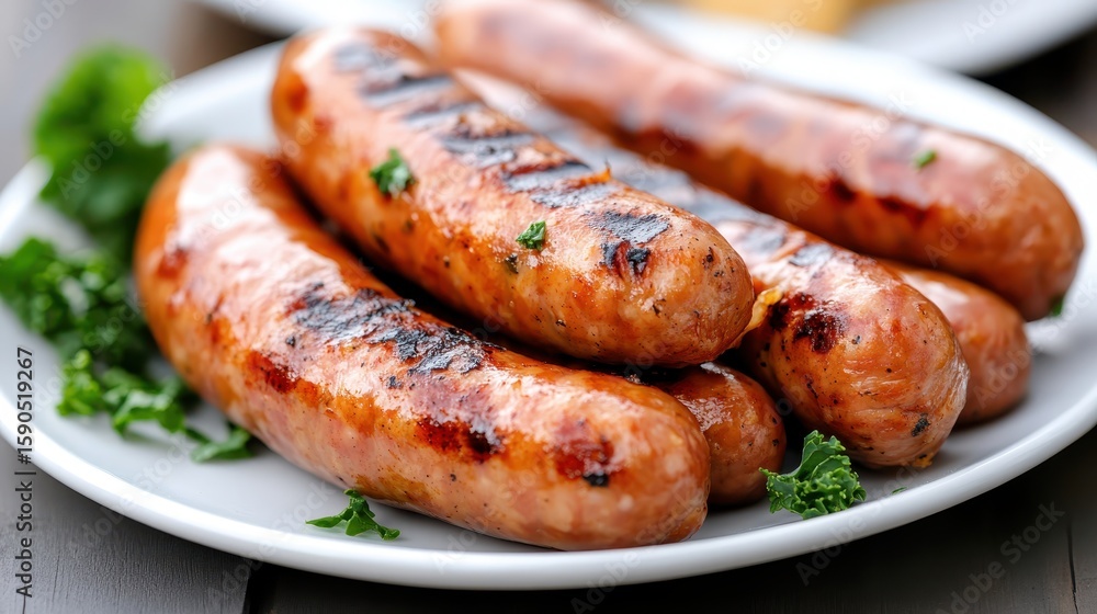 Savory smoked sausages with vibrant kale in a rustic setting Savory smoked sausages with vibrant kale in a rustic setting