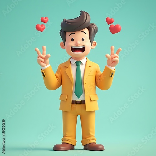 Cartoon Man Celebrating with Peace Signs and Hearts Against Turquoise Background
