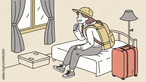 A girl with a backpack sitting on a bed next to a suitcase in a room with a window and lamp