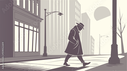 Man in coat and hat walking on city street with buildings and streetlights in the background scene art