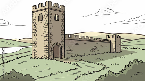 Illustration of a medieval castle tower with a wall on a grassy hill under a cloudy sky view scene