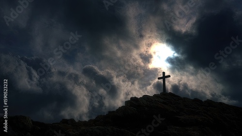 Wallpaper Mural Dramatic Silhouette of a Cross Against Dark Clouds and Sunlight Breaking Through, Symbolizing Hope, Faith, and Spirituality in Nature Torontodigital.ca