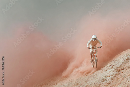 Cyclist descending mountain biking trail creating pink dust cloud
