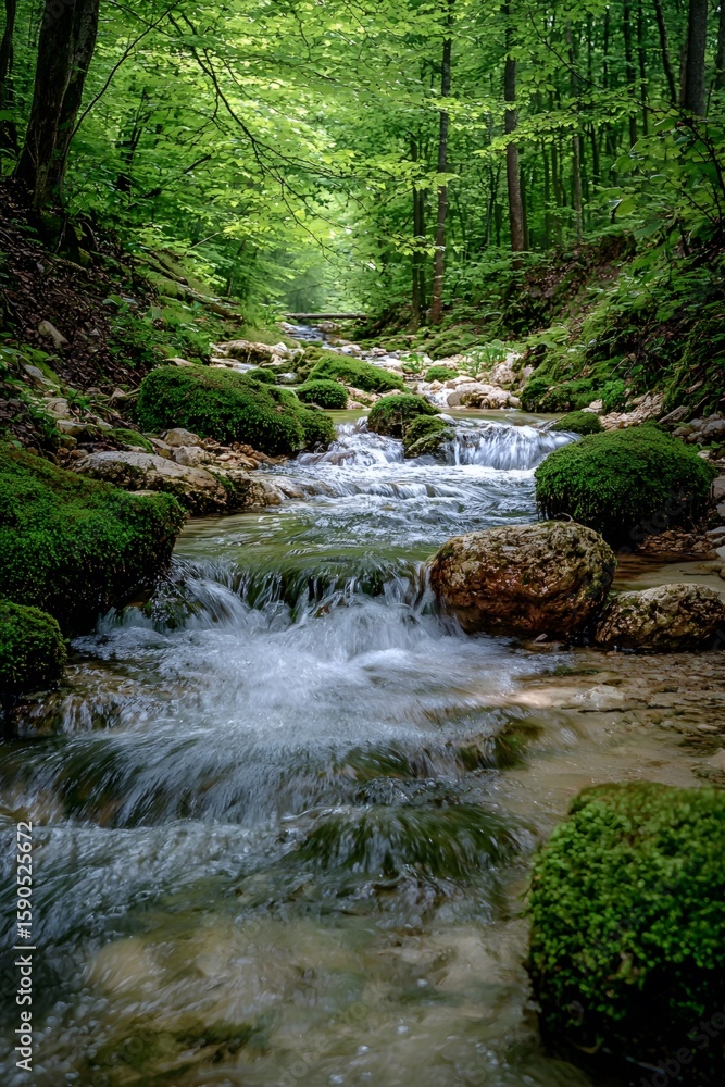 Obraz premium The stream in the mountain valley flows with crystal-clear water, moss-covered rocks surround the area