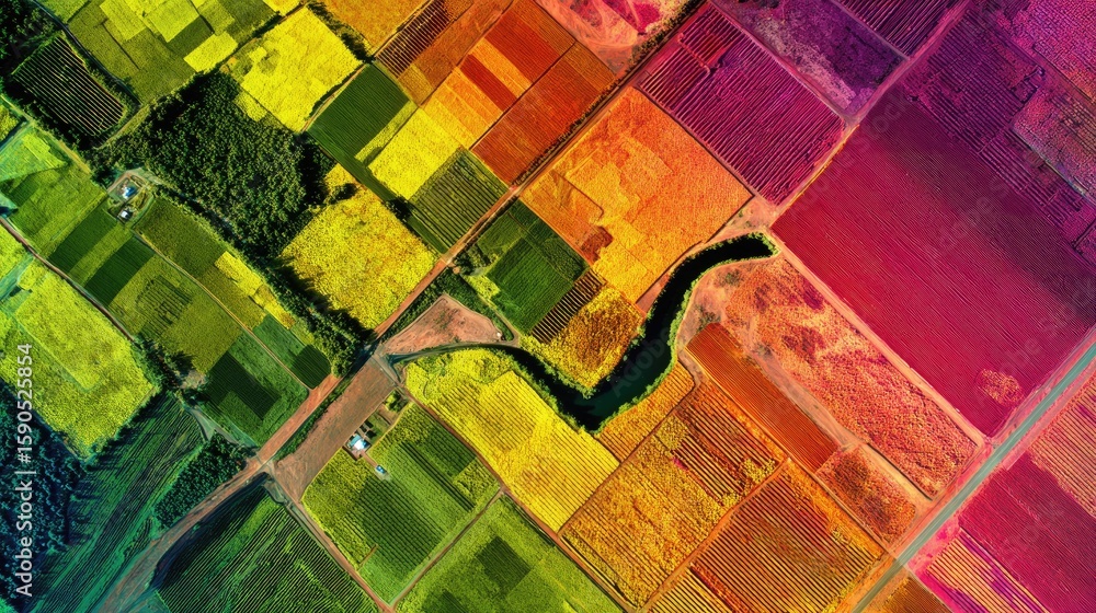 Fototapeta premium Vibrant Aerial View of Colorful Agricultural Fields with a River Cutting Through Beautiful Patchwork of Crop Rows, Greenery, and Earth Tones