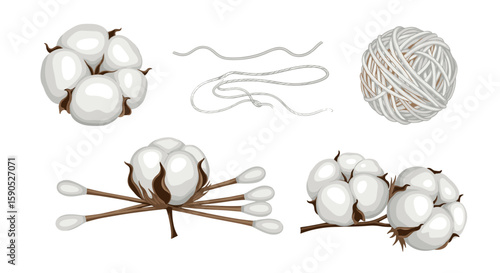 Illustrations of cotton bolls, cotton swabs, and cotton yarn on a white background for design use