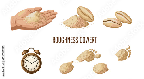 Illustration showing a hand holding sand, grains, clock, and footprints with roughness cowert text