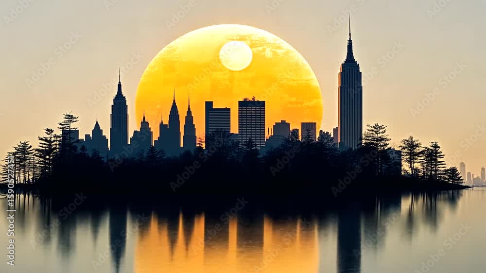 Magical Cityscape at Sunset: An animated silhouette of a city against a vibrant sunset Magical Cityscape at Sunset: An animated silhouette of a city against a vibrant sunset