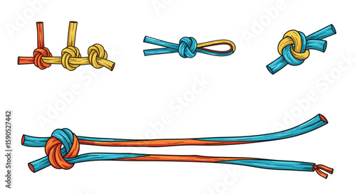 Illustration showing various types of rope knots with blue orange and yellow rope on white background