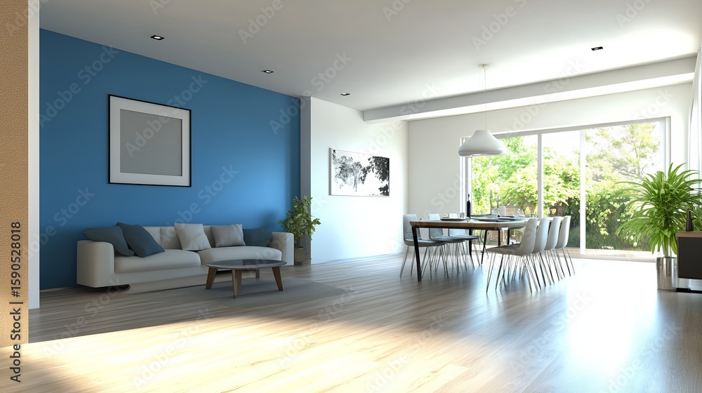 Fototapeta premium Modern Interior Design: Bright Living Room With Dining Area And Sofa
