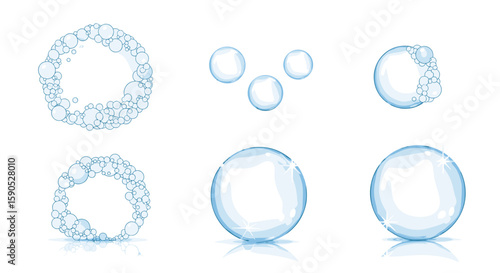 Illustration of several water droplets in various formations and arrangements on a white background