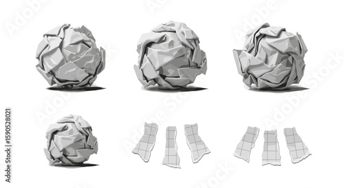 Various angled views of crumpled paper balls and unfolded paper strips on a white background scene