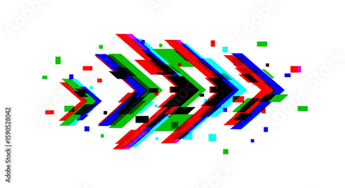 Abstract illustration of four arrows pointing right with glitch effect and color separation style