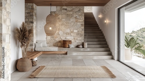 Modern Interior Design With Stone Wall, Staircase And Natural Elements