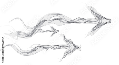 Two flowing arrows formed by wisps of smoke or vapor against a stark white background design element