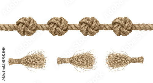 Close up of a rope with knots and tassels arranged on a white background in a decorative pattern