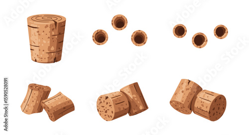 Representation of various wine corks including whole intact and broken pieces on a white background