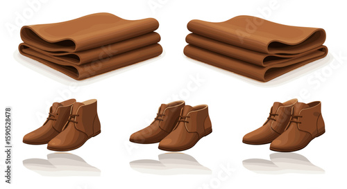 Displaying stacks of leather and pairs of boots in a product showcase arrangement on a white background