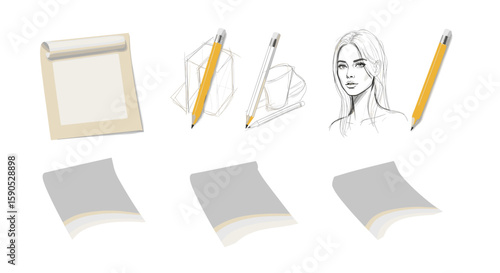 Illustration of a notepad, pencils, pencil sharpeners, a sketch of a woman, and loose sheets of paper