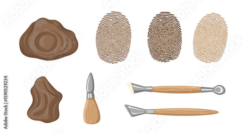 Illustration of wood carving tools with wood pieces and fingerprint patterns on a white background