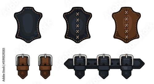 Collection of leather arm guards in various colors with buckles and decorative stitching details shown here