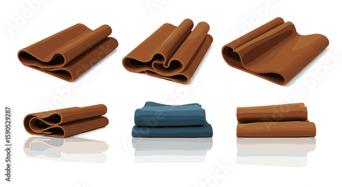 A collection of six folded and stacked objects in brown and blue tones on a white background surface