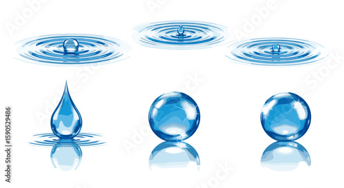 Illustration of water droplets creating ripples and standing droplets on a white background scene