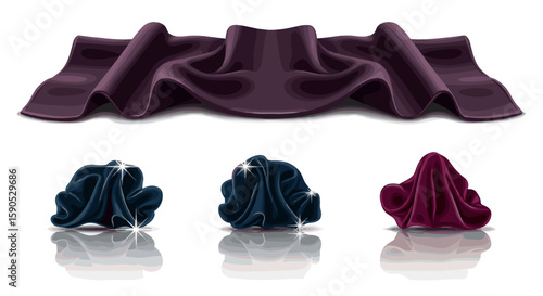 Artistic rendering of draped purple fabric with three smaller draped fabric pieces below it shown