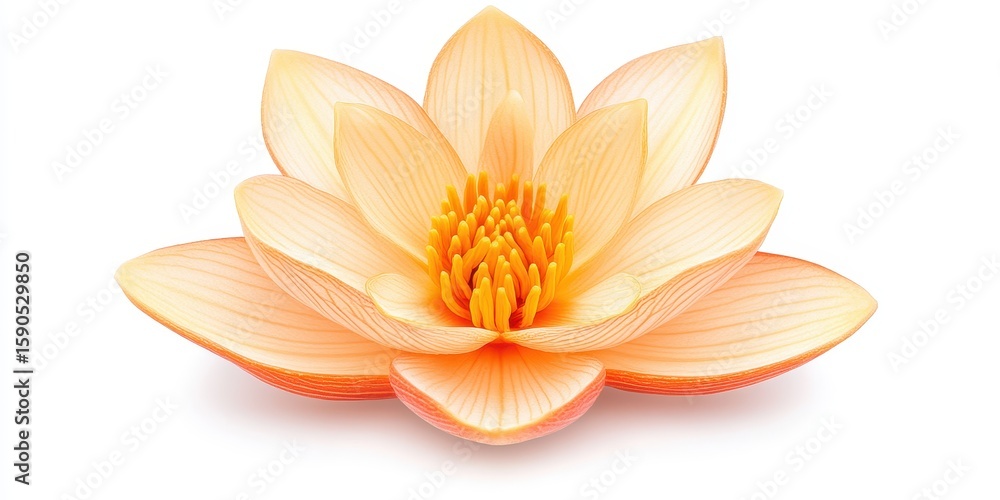 Obraz premium Serene lotus flower bloom illustration style. Waterlily blossom, floral beauty and purity, elegant and tranquil, isolated on white background. Meditation, nature, decorative botanical art, detailed