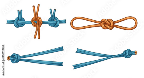 Illustration showing different types of knots tied with blue and brown ropes on a white background