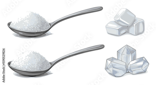 Illustration showing spoons filled with sugar and sugar cubes and crystal sugar formations displayed