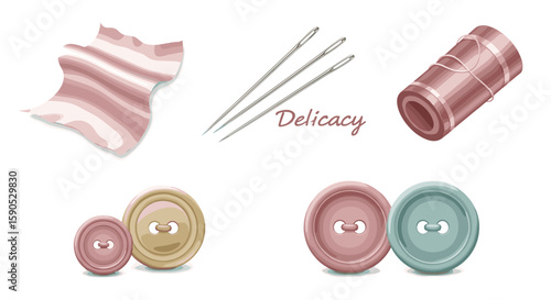Illustration of sewing notions including fabric needles thread and buttons in pastel colors displayed neatly