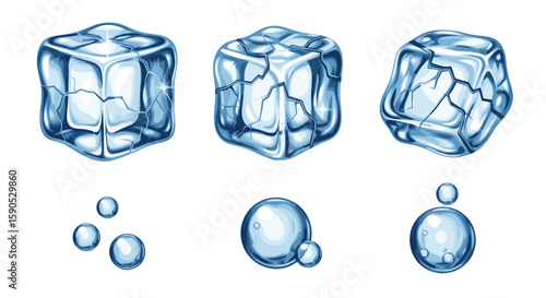 Three ice cubes with cracks and water droplets melting on a white background illustration style