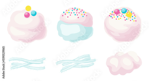 Watercolor illustration of cotton candy with sprinkles and colorful toppings on a white background