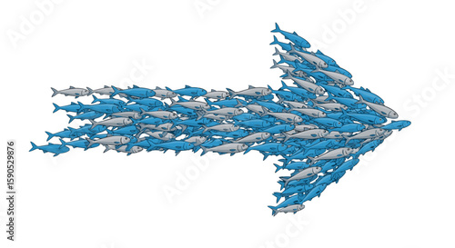 A group of blue and gray fish swimming together in the shape of an arrow pointing to the right side