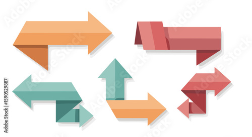 Collection of colorful origami style arrows pointing in various directions on a white background