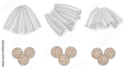 Three sets of white cloths above three groups of circular objects with a textured pattern design