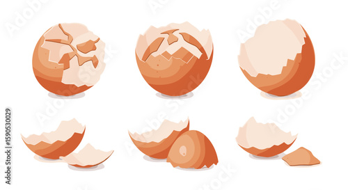Illustration of various broken eggshells with different patterns and arrangements on a white background