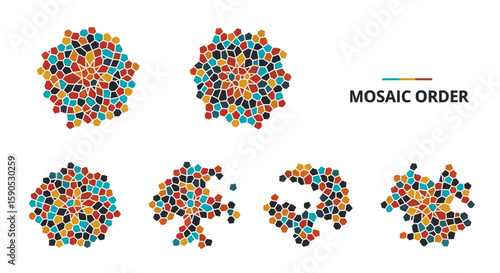 Collection of mosaic patterns showing a progression from complete to fragmented designs on white background