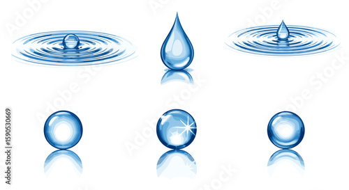 Illustration of water drops in various forms including falling and standing on a reflective surface