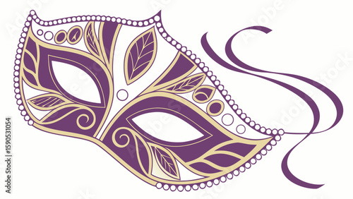Elegant purple and gold venetian mask with floral details and ribbon on a white background design element
