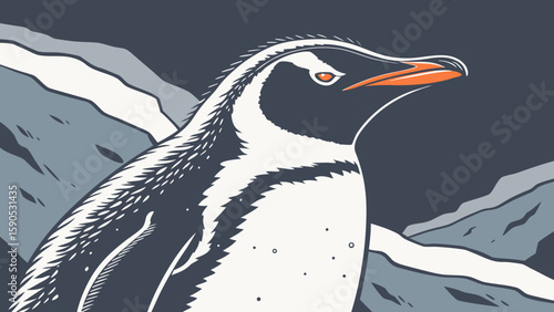 Close up illustration of a penguin with orange beak standing near snowy rocks in antarctica