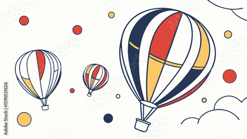 Illustration of colorful hot air balloons floating in the sky with clouds and dots around them
