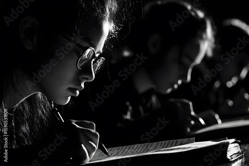 In the classroom, students are diligently taking notes